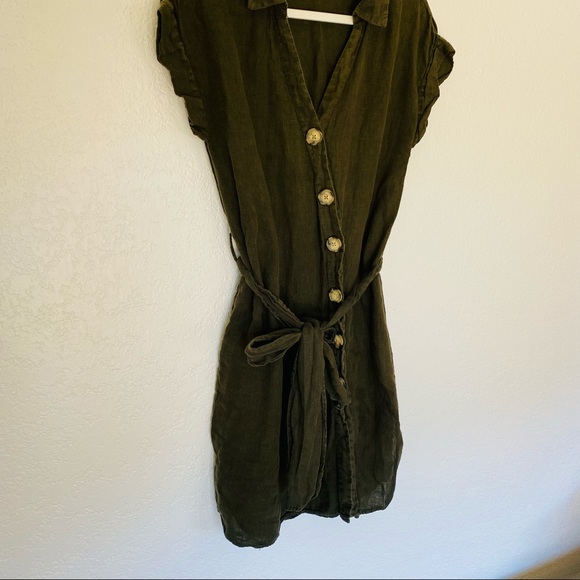 Zara olive linen mini button asymmetrical dress - Picture 6 of 8
